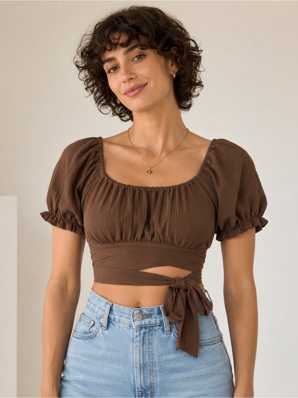 Altar’d State Brown Puff Sleeve Tie Back Crop Top S Cottagecore Boho